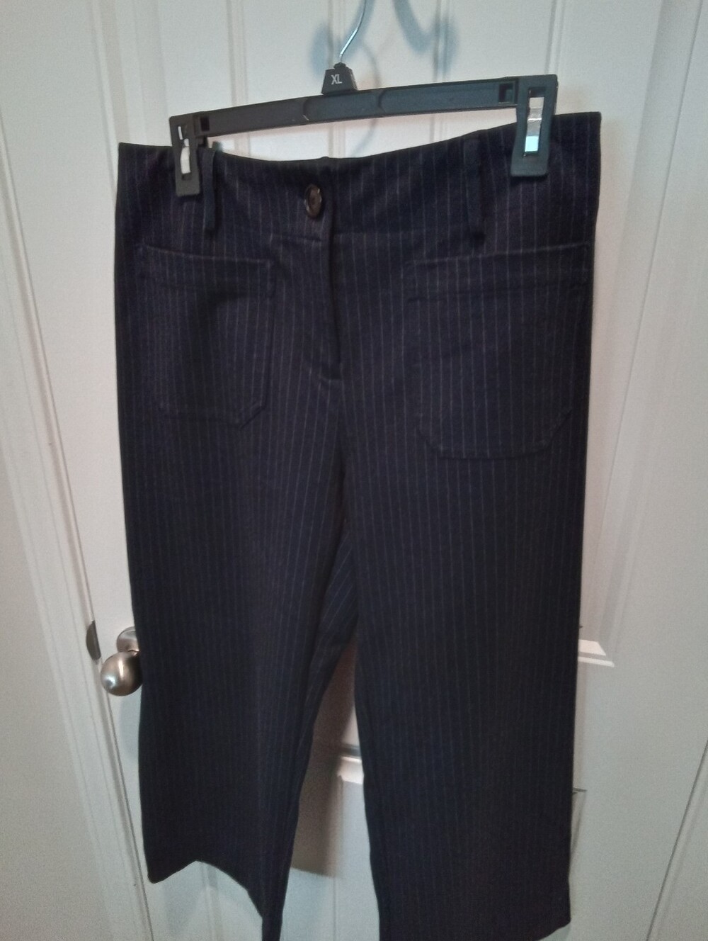 Rafaella Crop Wide Leg Trousers Sz 8 Patch Pocket Dark NavyBlue w/Gray Pinstripe - Picture 3 of 10